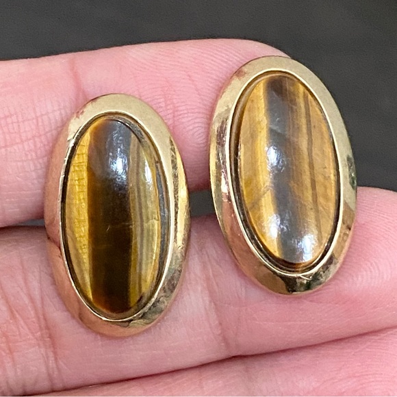 Vintage Unsigned Gold-tone Tiger’s Eye Oval Cufflinks - Picture 3 of 10